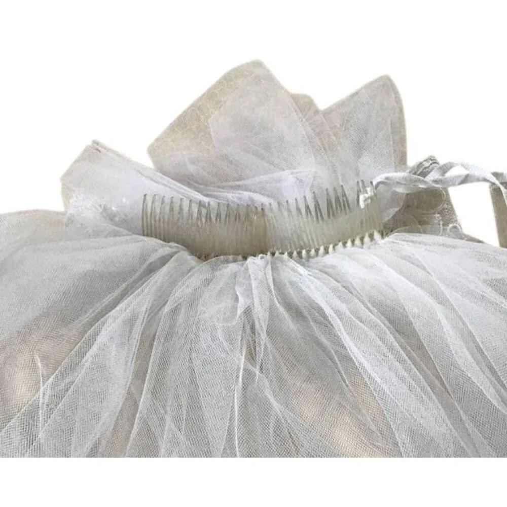 Halloween Costume Wedding Veil Ivory Bow Tulle Beads Half Length Bride Dress Up